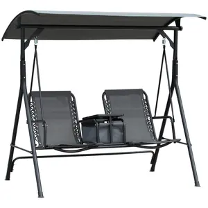 2-Seat Patio Swing Chair, Outdoor Canopy Swing Glider with Pivot Storage Table, Cup Holder, Adjustable Shade, Bungie Seat Suspension and Weather Resistant Steel Frame, Grey On-Site