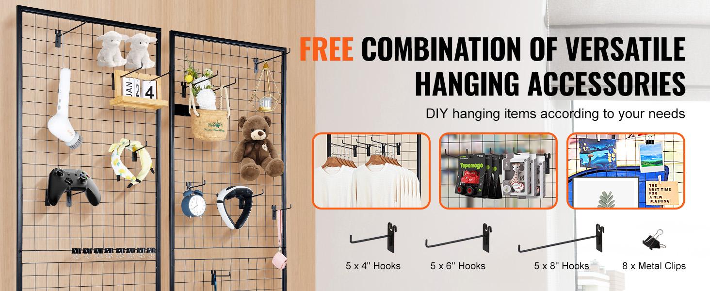 VEVOR 2'x 5.6' Grid Wall Panels Tower, 2 Packs Wire Gridwall Display Racks with T-Base Floorstanding, Double Side Gridwall Panels for Art Craft Shows, Retail Display with Extra Clips and Hooks