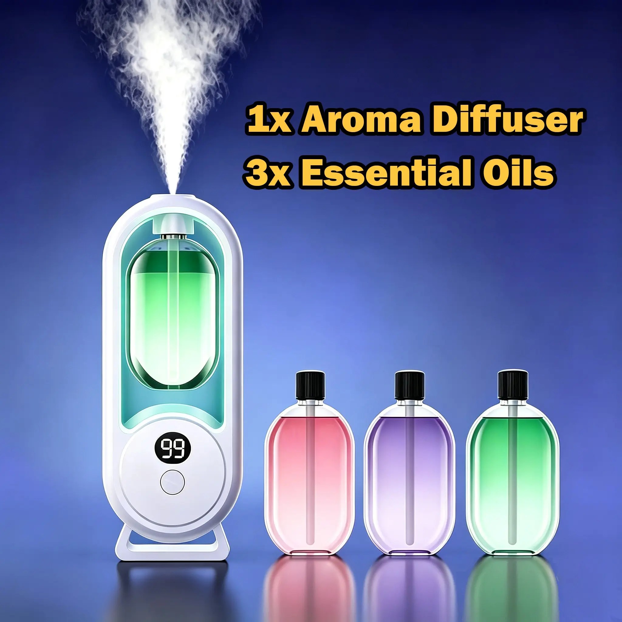 Household Mini Aroma Diffuser, Timing Automatic Mist Maker with 3 Essential Oils, 5 Spray Modes, USB Rechargeable, Bubble Bag Packaging
