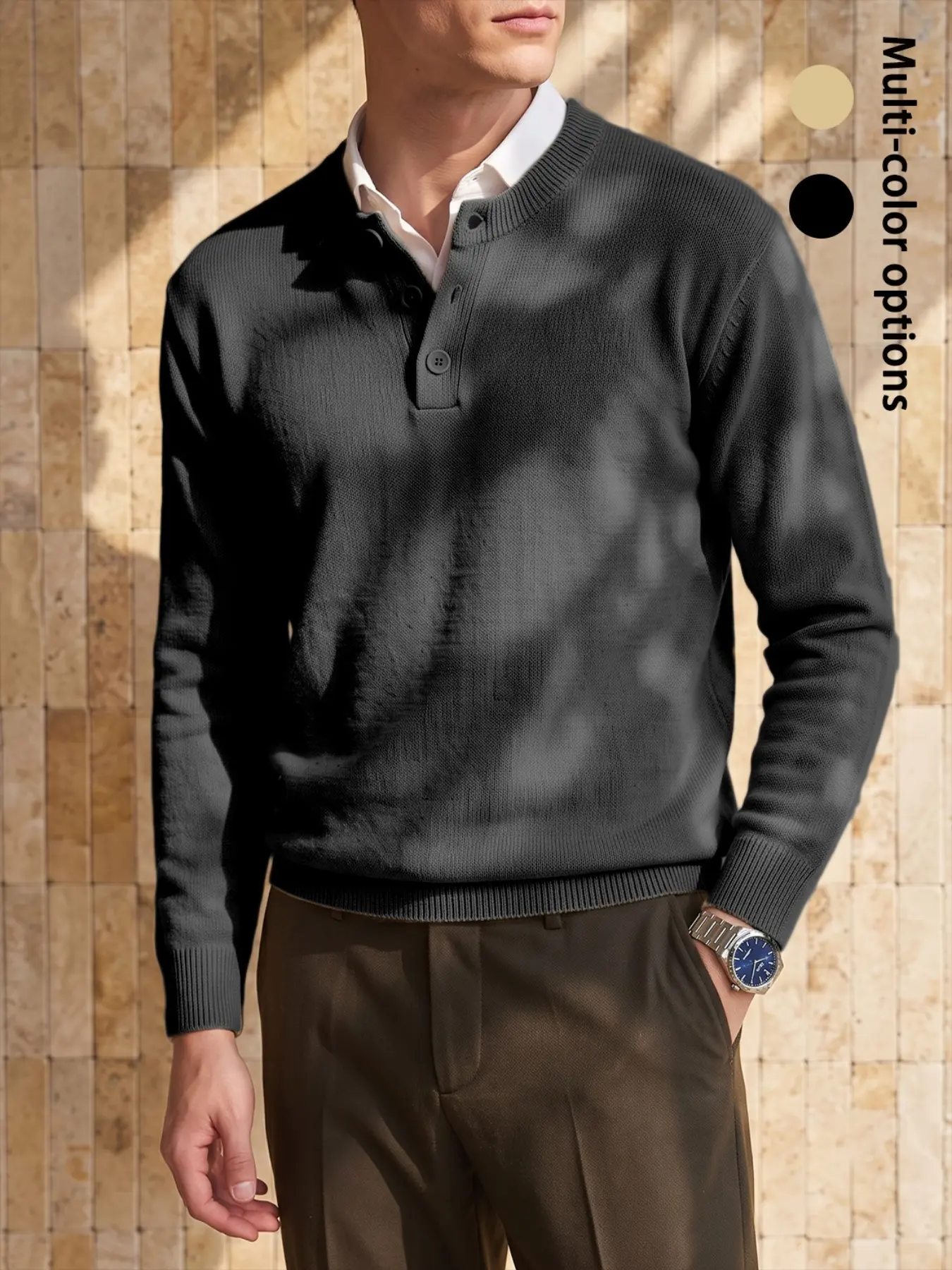 Men's Henley Sweater Knit Pullover Long Sleeve Button Neck Solid Color Cozy, Elegant Fall Winter Warm Top Premium Blend Fabric Smart Casual Daily Wear Old Money Aesthetic For Gentlemen Office Outing Comfortable Classic Fit Trendy Knitwear Beige