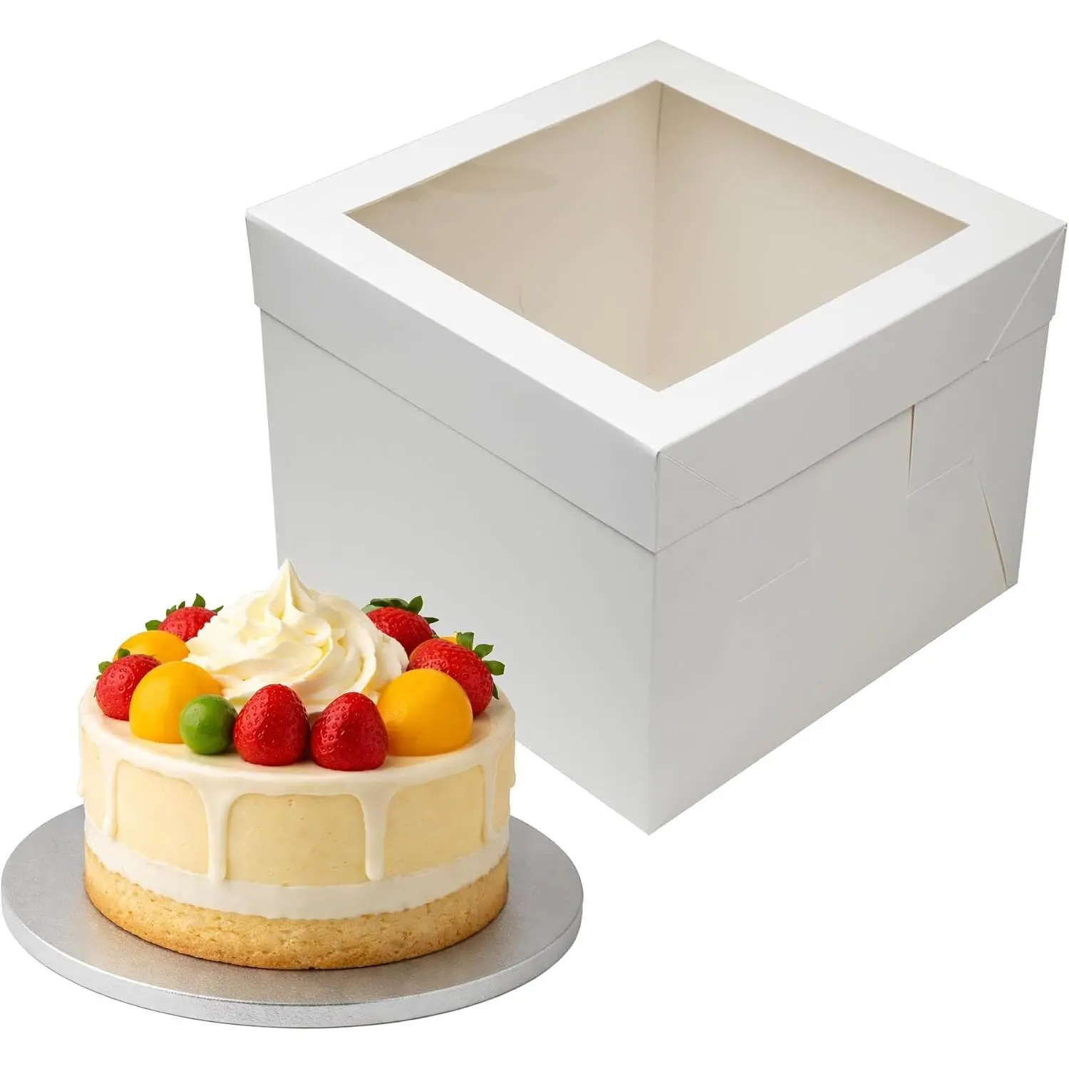 10 Inches White Cake Box with Board Set,10x10x8, 1/2 inch Thick | 1/2 inch Thick,  Cake Drum, Square Bakery Box, Window Lid, Disposable Container for Heavy Duty, Bakery, Wedding Cakes
