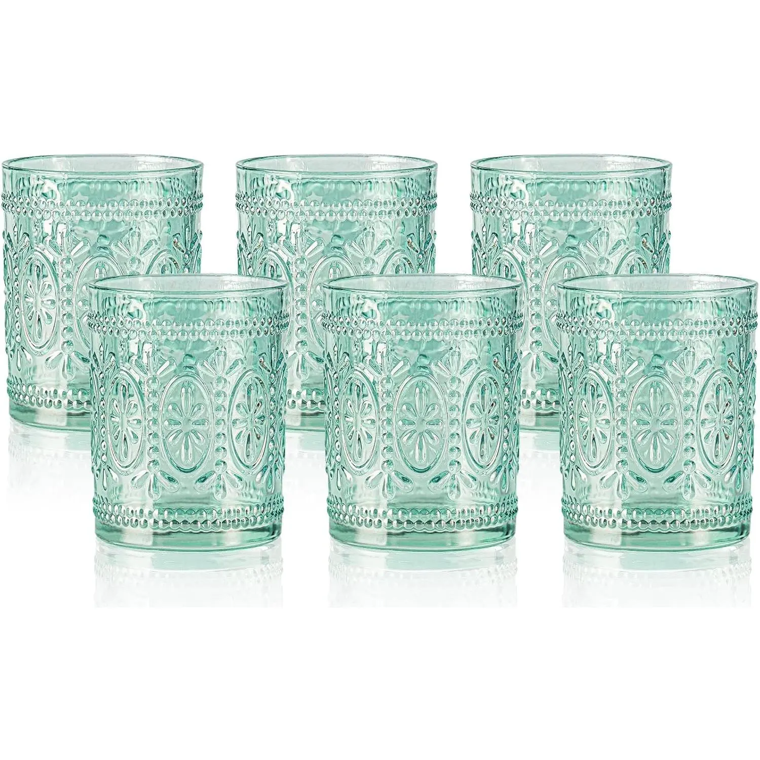 Darlion 6 Pack Green Vintage Glassware Set, 10oz Textured Embossed Drinking Glasses, Colored Water Glasses, Green Glass Cups for Juice, Cocktails, Beer, Iced Tea, Soda