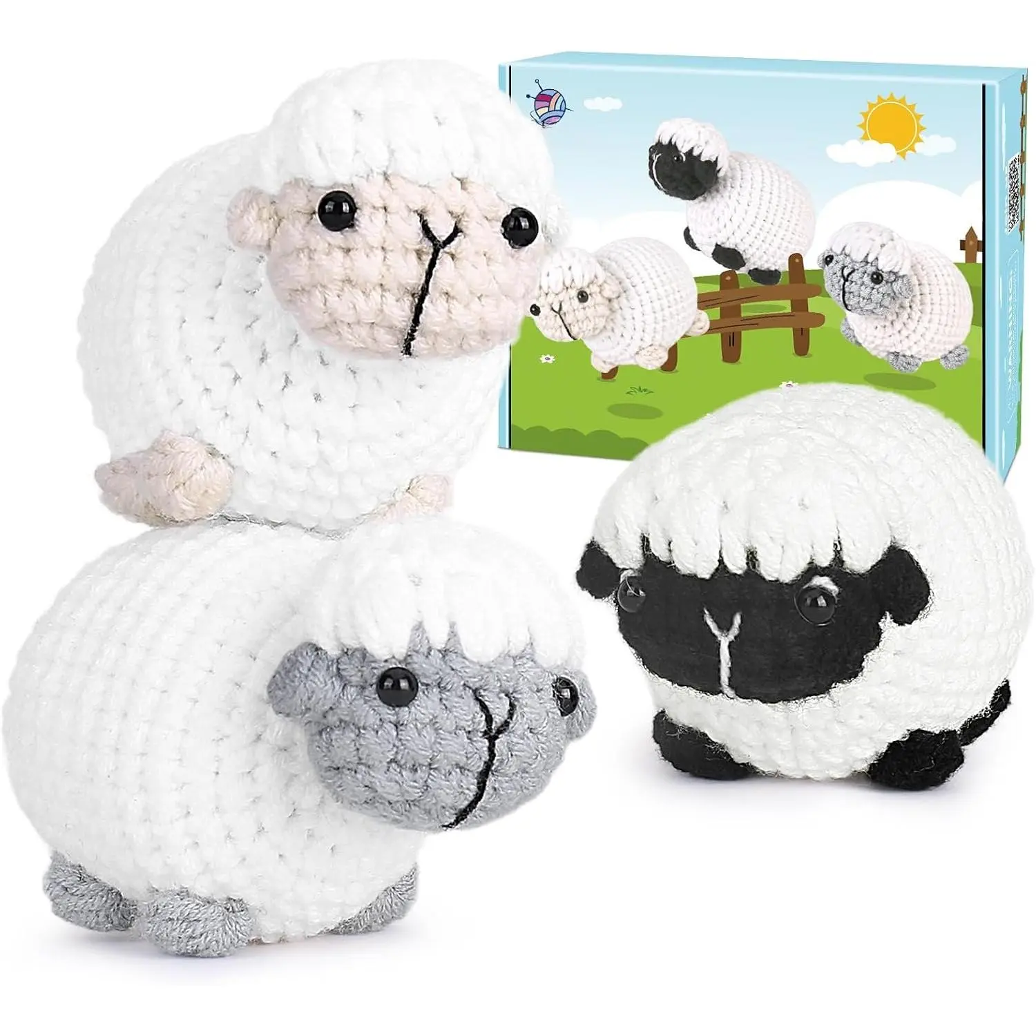 Crochet Kit for Beginners, Crochet Starter Kit with Step-by-Step Video Tutorials, Amigurumi Crochet DIY Knitting Supplies for Teenagers Adults, 3-Pack Little Lambs (40%+ Yarn)