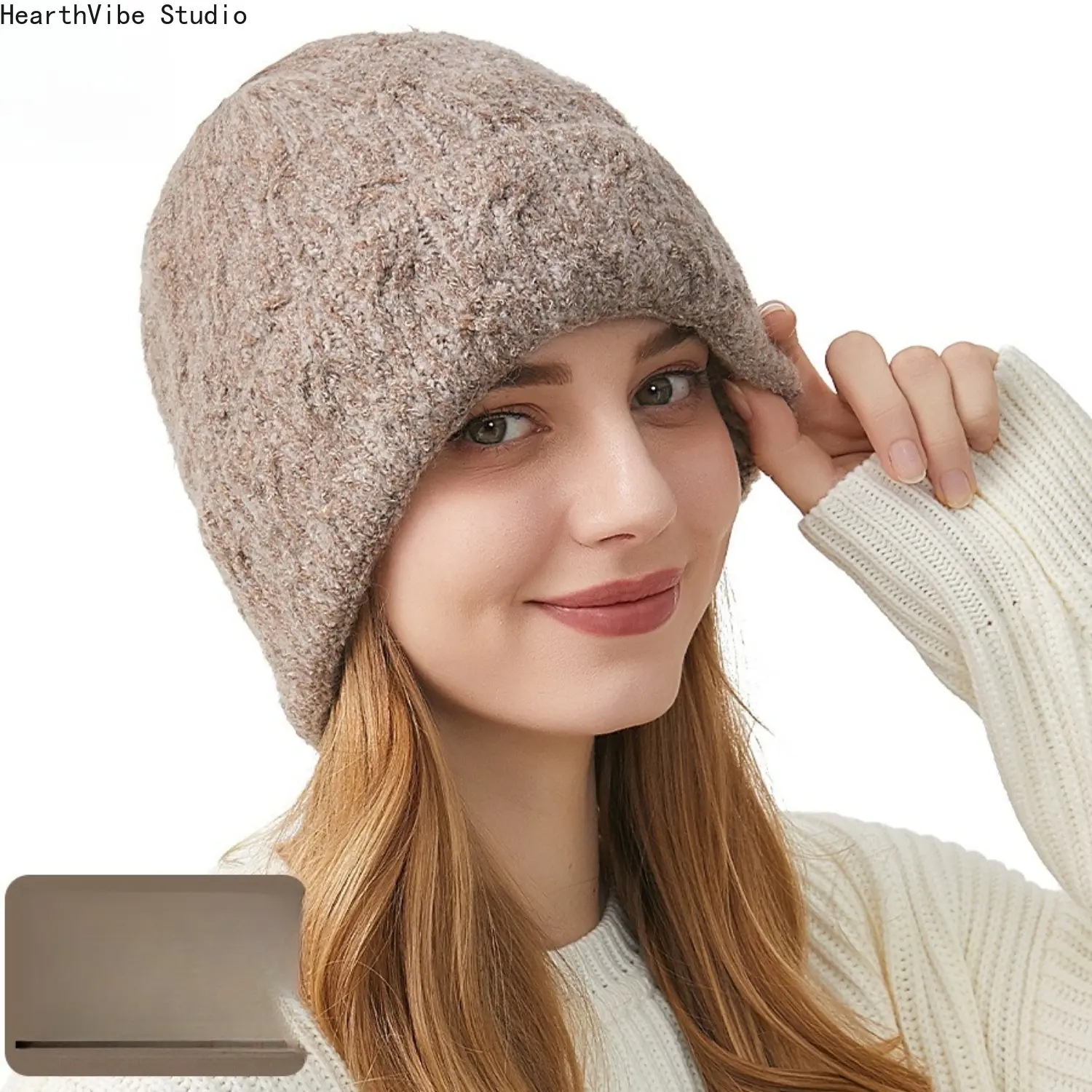 Cable Knit Winter Beanie Hat for Women Soft Warm Slouchy Skull Cap Fuzzy Chunky Textured Baggy Headwear Oatmeal Khaki Thick Bonnet for Cold Weather