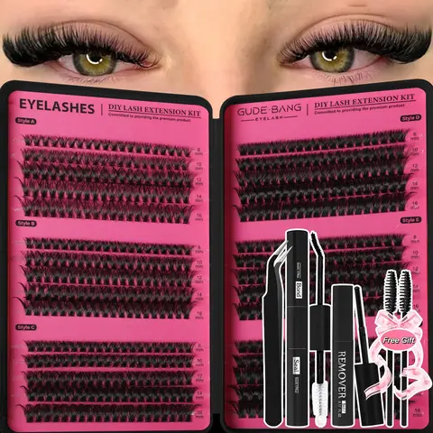 570 Cluster Eyelash Extension Kit (includes glue, tweezers, remover, and brush) Mixed D-curl (8–16mm); High-capacity set suitable for home use and beginners; DIY eyelash kit.
