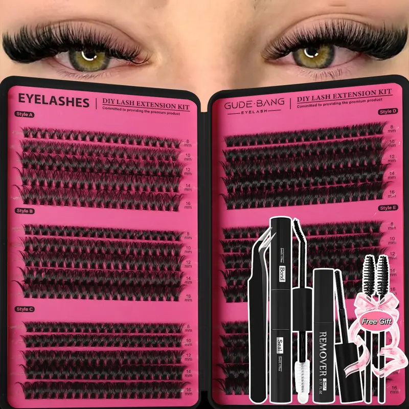 570 Cluster Eyelash Extension Kit (includes glue, tweezers, remover, and brush) Mixed D-curl (8–16mm); High-capacity set suitable for home use and beginners; DIY eyelash kit.