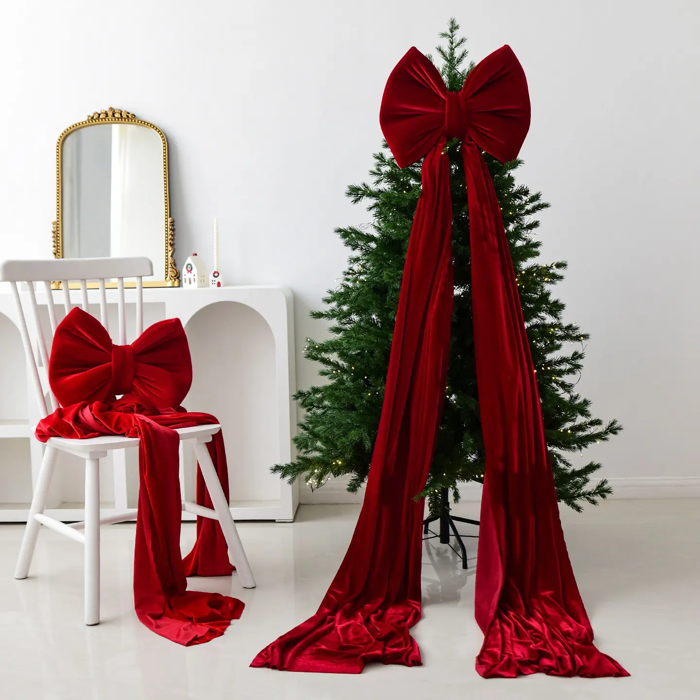 1pc High-end Velvet Giant Christmas Bow | Decor for the top of the Christmas tree, fireplace shelf, door, window display and party backdrop | No tools required for installation and reusable