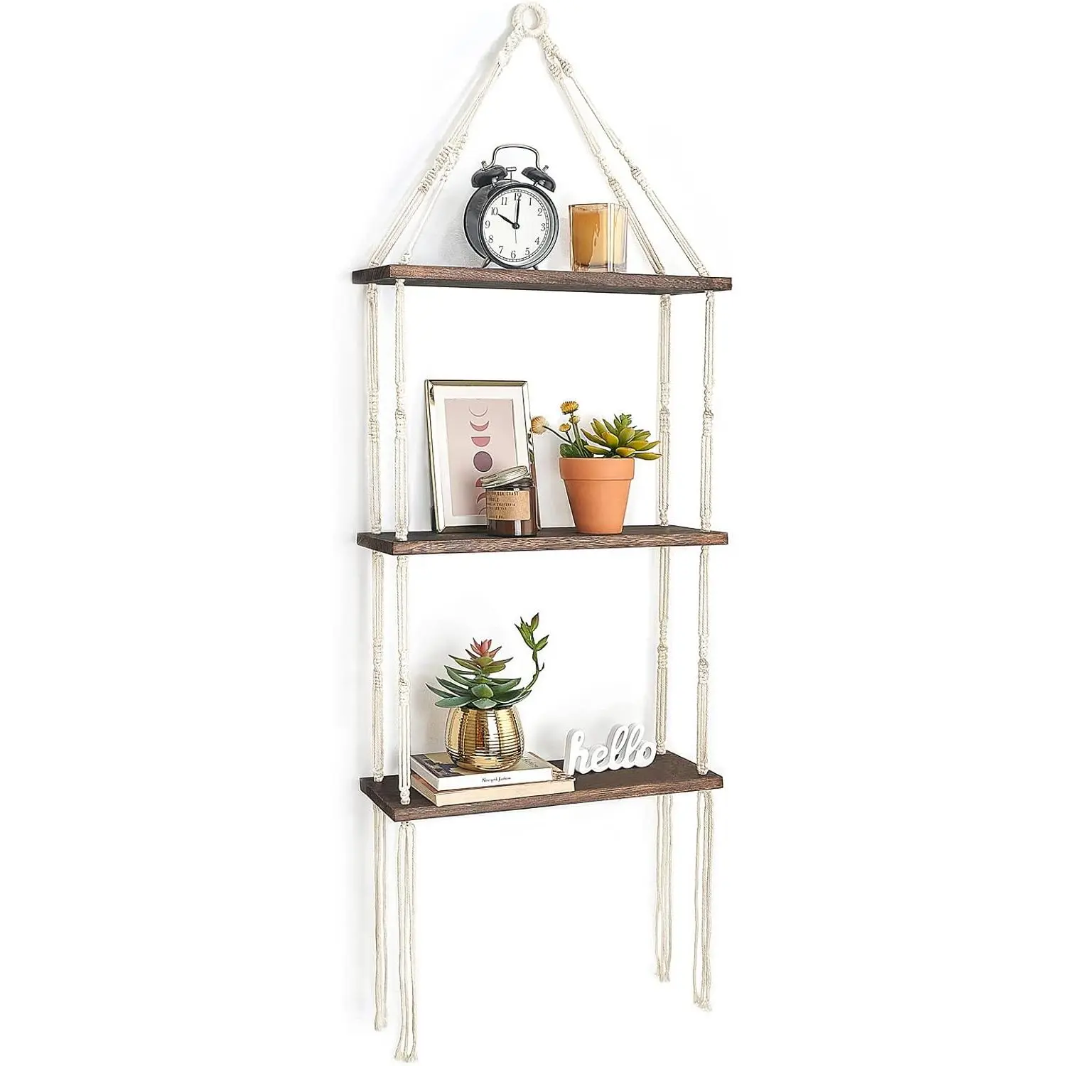 Mkono Macrame Wall Hanging Shelf 3 Tier Wood Floating Shelves with Cute Woven Rope Boho Room Decor Display Photos Plant Hanging Storage Shelves for Bathroom, Bedroom, Living Room, Nursery