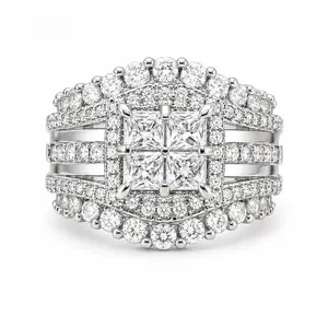 Women's Geometric Multi-Band Square Ring, Cubic Zirconia Micro Pave Halo Design, Bold Statement Appearance Gemstone Jewelry for Daily Wear, Gift for Girlfriend wide band lab-created engagement wedding gift birthstone  ring brilliant shine carat total dark