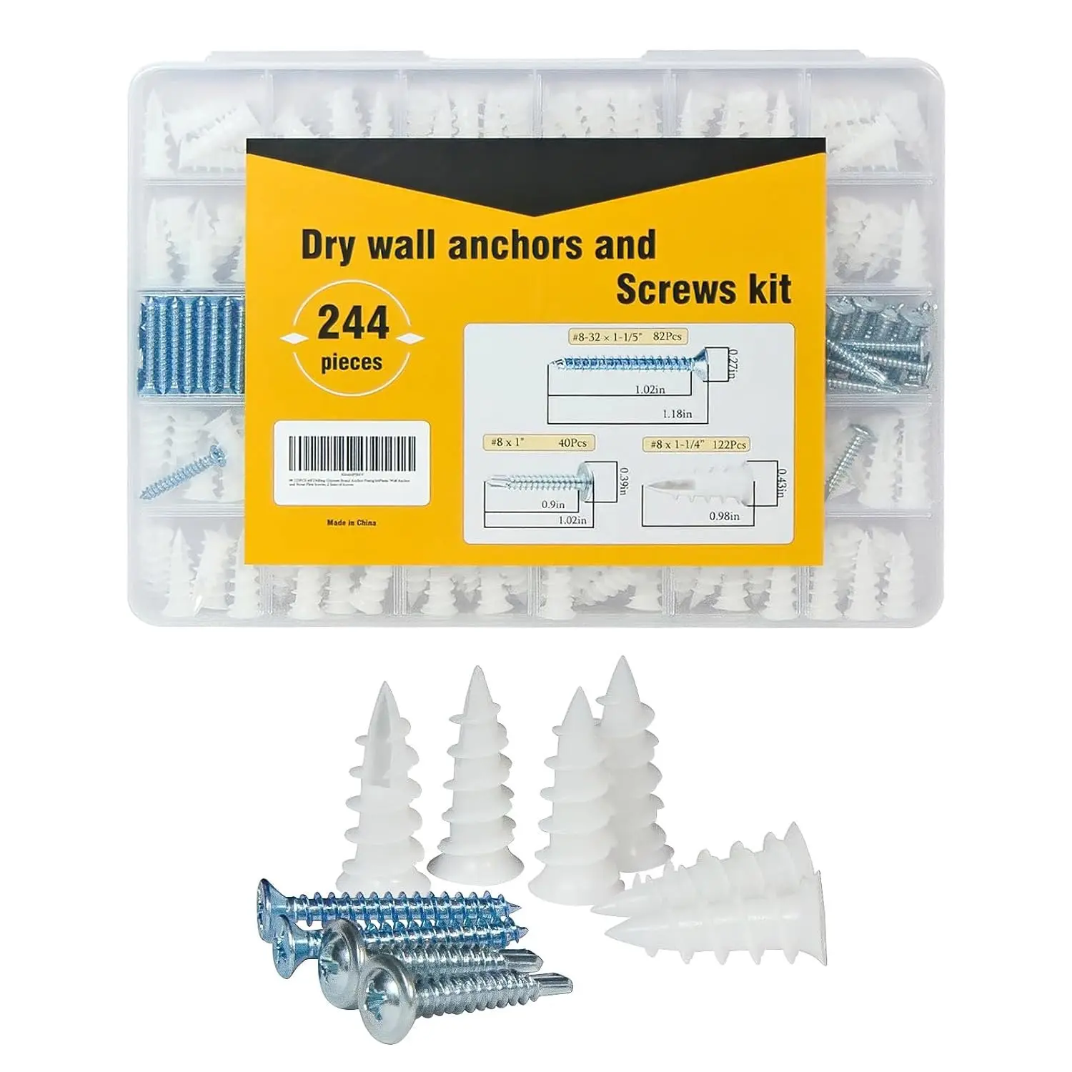 244 count Self Tapping Screws Drywall Anchors and Sheet Metal Screw ,2 Size Kit for Installing Drywall, ,Metal Sheet Materials