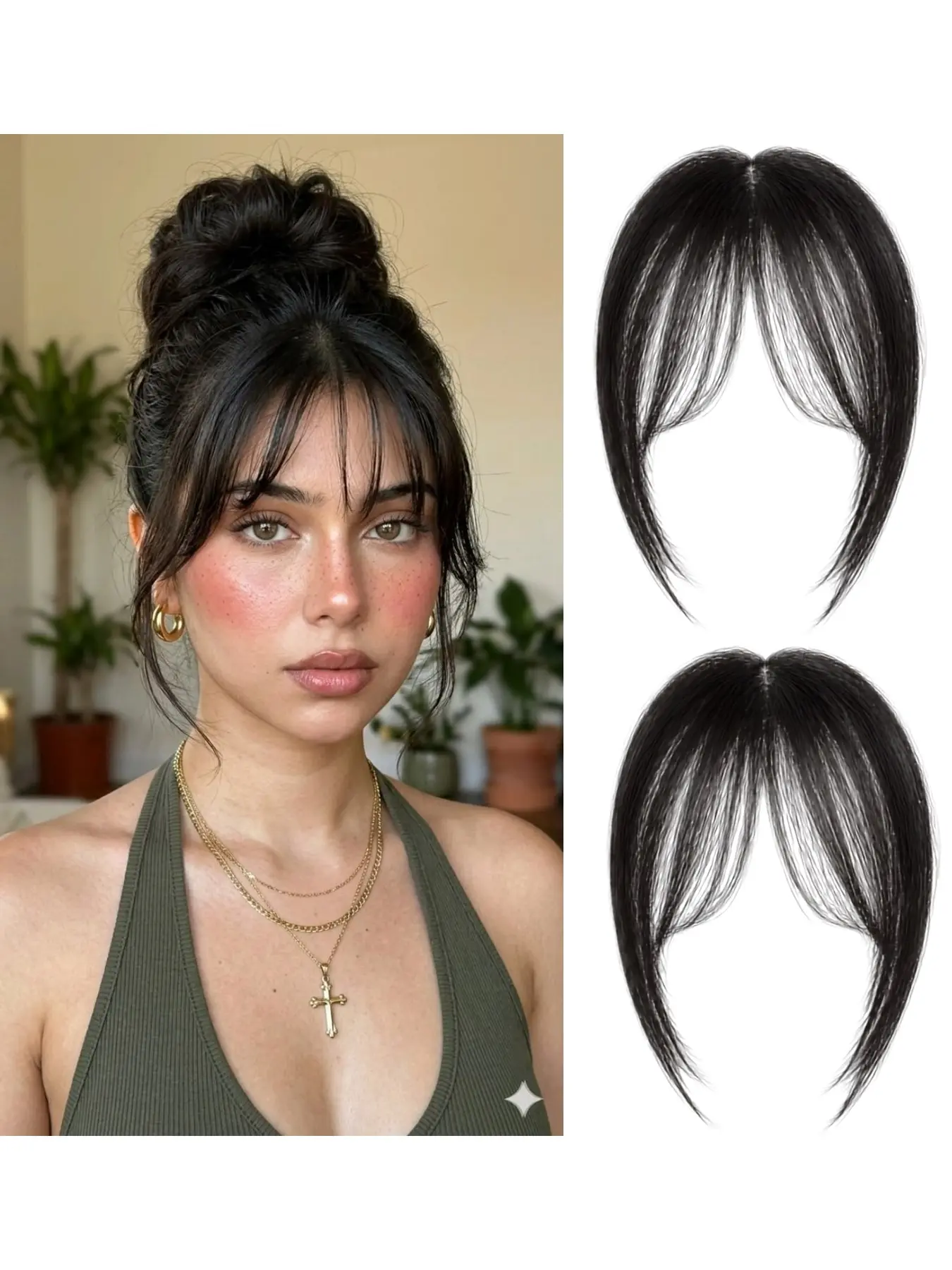 2 Pcs Clip‑in Curtain Bangs, Synthetic Wispy French Face Framing Bangs Hairpiece, Invisible Fake Fringe with Temples for Women Daily Wear, Synthetic Fiber Hairpieces