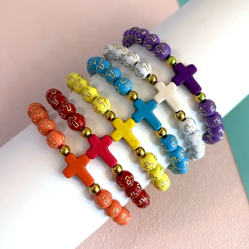 6pcs Vintage Ethnic Style Cross Beaded Bracelet Set, Beads with Cross Print, Suitable for Daily Commuting, Prayer and Blessings, Ideal Gift for Family and Friends