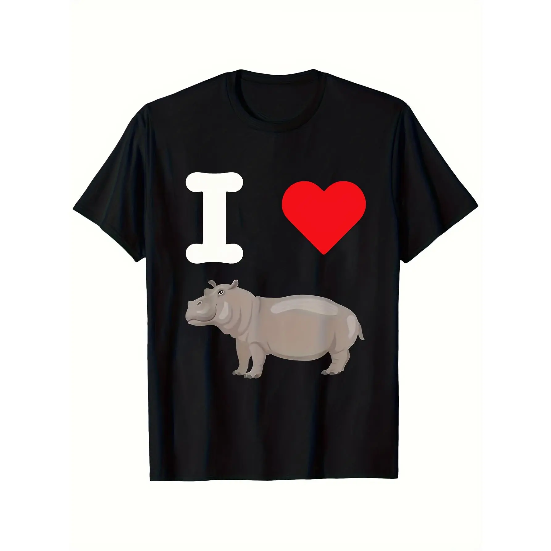 Men'S 'I Love Hippos' T-Shirt - Adorable Pygoplites Hippo Design, Black, Crew Neck, Machine Washable, Suitable for Casual Wear All Year Round, Hippo Gift, 1pc