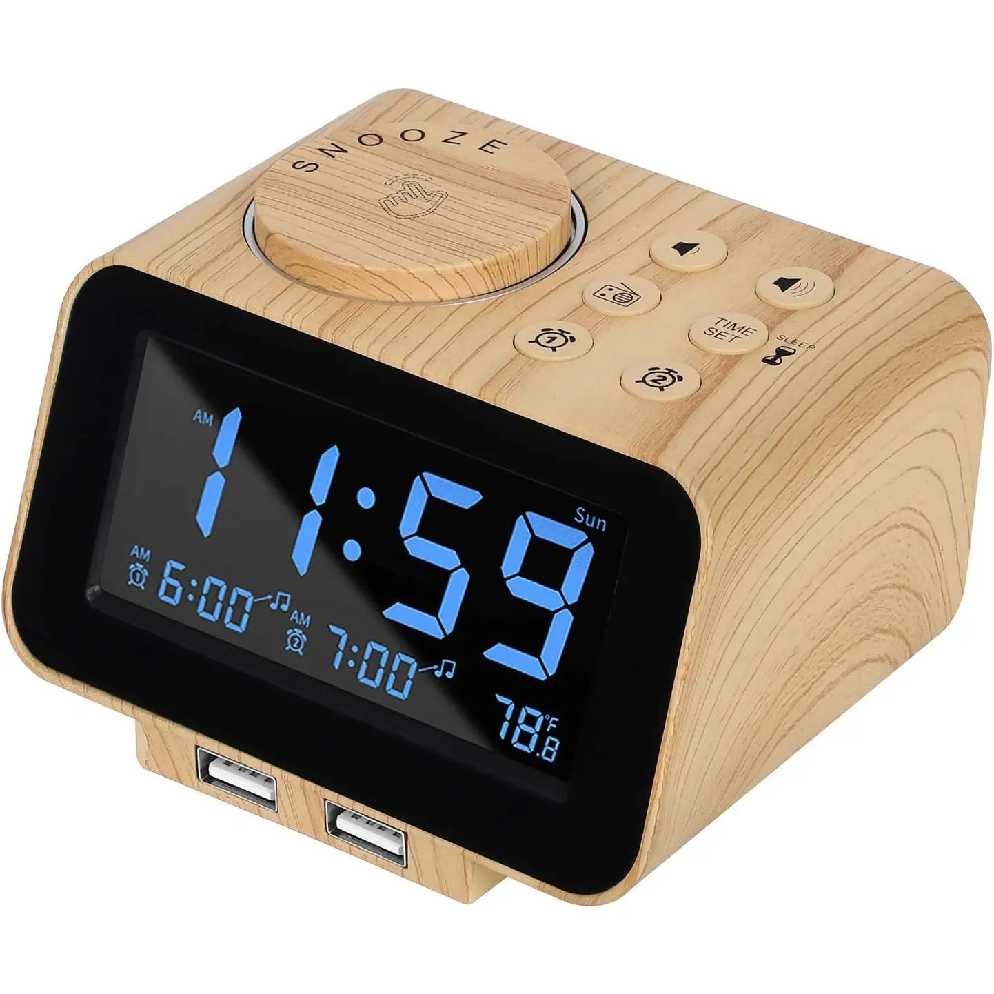 Digital  Clock Radio - 0- Dimmer,   with Weekday/ Mode, 6 Sounds Adjustable Volume, FM Radio w/Sleep Timer, 2 USB  Ports, Thermometer,  Backup( Grain)