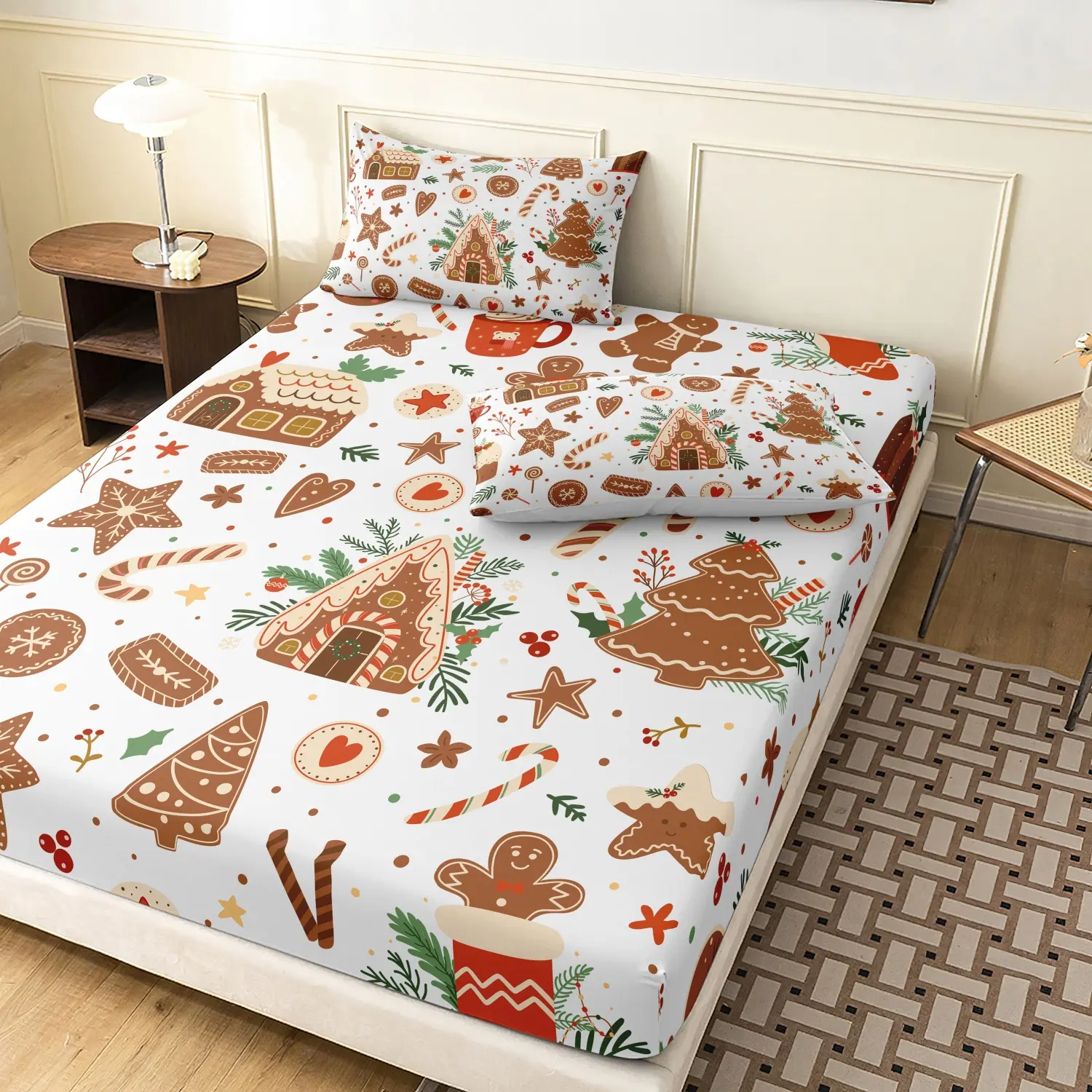 3 Pieces Cute Gingerbread Christmas Print Fitted Sheet Set, Cookie House Candy Cane Xmas Tree Printed Bedding, For Bedroom Home Decoration, Multiple Sizes Available (1 Fitted Sheet + 2 Pillowcases, No Pillow)