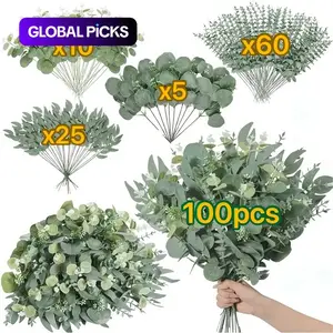 100PCS Mixed Eucalyptus & Stem Artificial Flowers, 4 Types of Eucalyptus Leaves, DIY Bouquet Arrangement, Floral Home Decor