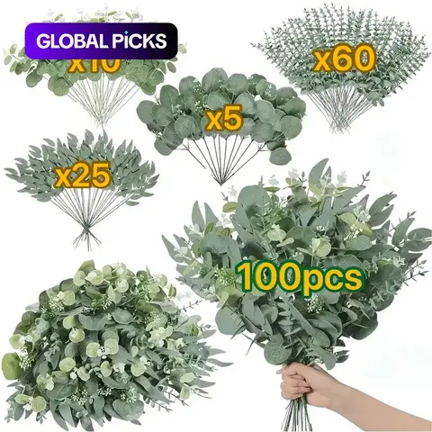 100PCS Mixed Eucalyptus & Stem Artificial Flowers, 4 Types of Eucalyptus Leaves, DIY Bouquet Arrangement, DIY Flower Arrangements, Floral Home Decor, DIY Floral Decoration, Artificial Flower Decorations #GLOBAL PICKS