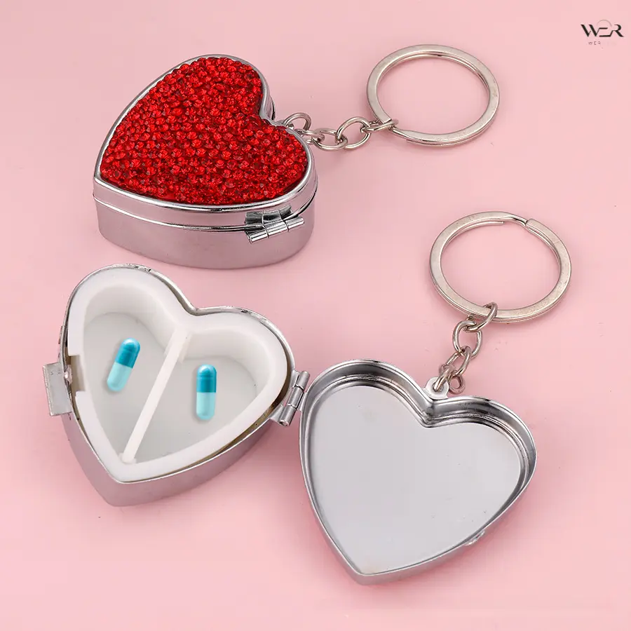 Full Rhinestone-Covered Heart-Shaped Stainless Steel Pill Box, Unisex Miniature Compact Portable Capsule & Tablet Container, Handheld Medicine Storage Case with Smooth Secure Closure, Lightweight Sturdy Fashion Accessory for Outdoor Trips, Pocket Carry-On