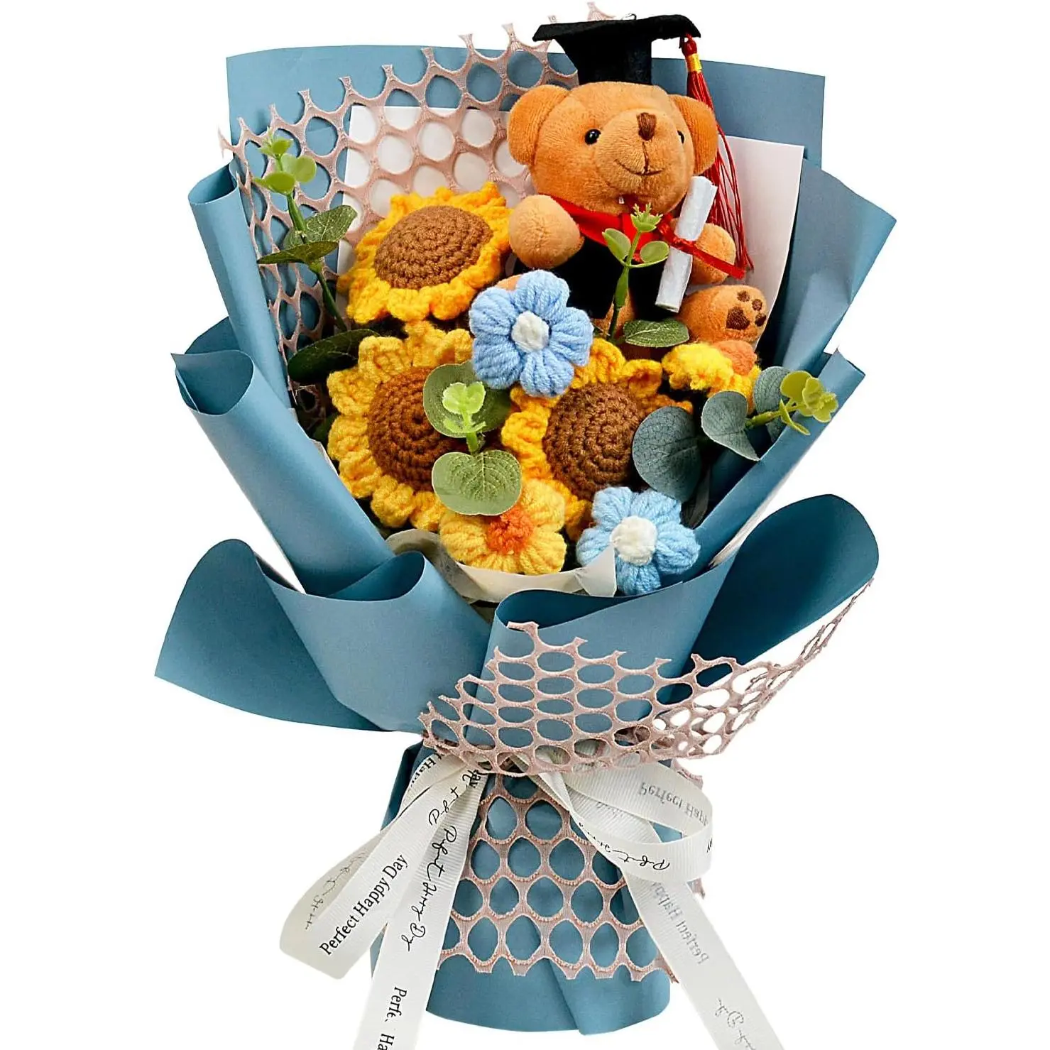 Blue Crochet Flower Bouquet, Handmade Knit Forever Flowers, Unique Graduation Keepsake Gift