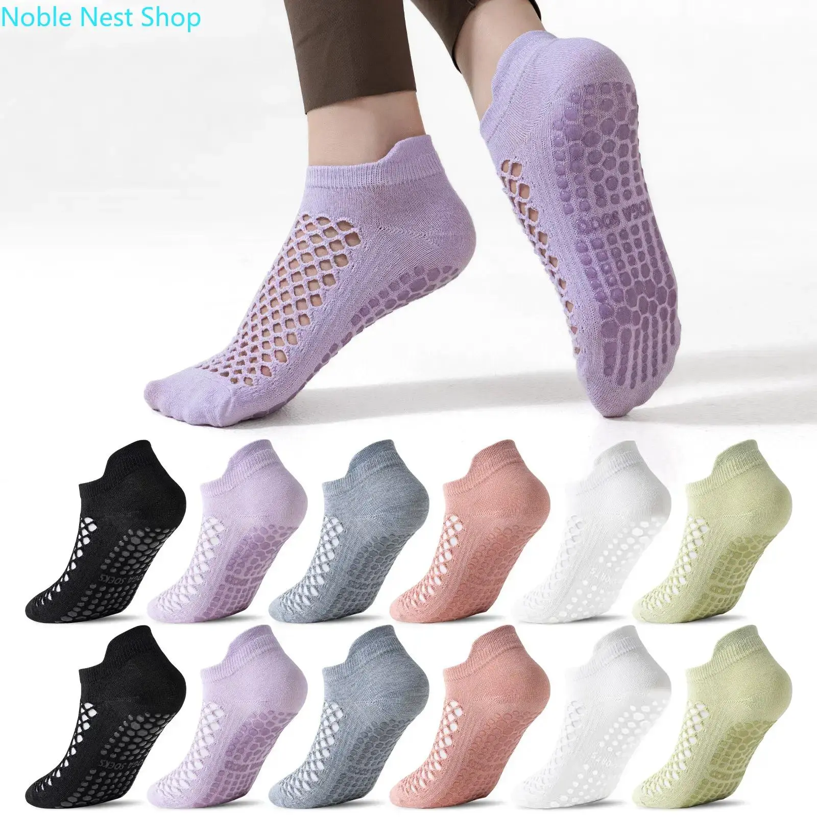 12 Pairs Non Slip Yoga Socks for Women, Grip Pilates Ballet Ankle Socks Mesh Breathable Invisible