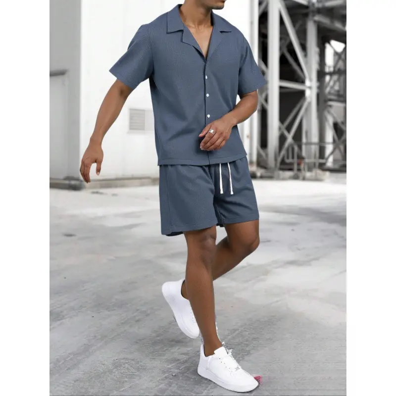 Men's Solid Short Sleeve Lapel Neck Shirt & Shorts Two-Piece Set, Regular Fit Casual Comfy Top & Shorts for Summer, Men's Clothes for Daily Wear