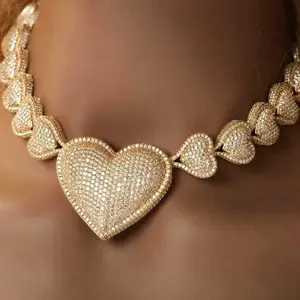 Ice Out Thick Gold Plated Healing Heart Jewelry Set 17mm Full Zircon Bling Love Chain Pendant Necklace Bracelet for Sweet Girl Aesthetic Mood Boost Sparkling Romantic Soft Style Luxury Shiny Gift for Bestie Girlfriend Birthday Valentine's Day