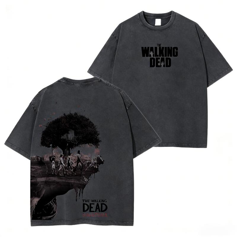 The Walking Dead "Clementine’s Journey Protocol" Oversized Tee – Washed Heavy Cotton, Skull Treehouse Crest Front & Final Choice Requiem Back Graphic, Retro Game Streetwear for Lorecore Fans & Narrative Gamers