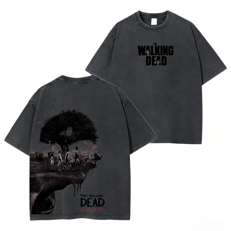 The Walking Dead "Clementine’s Journey Protocol" Oversized Tee – Washed Heavy Cotton, Skull Treehouse Crest Front & Final Choice Requiem Back Graphic, Retro Game Streetwear for Lorecore Fans & Narrative Gamers