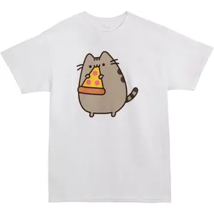 Pusheen Pizza Slice T-Shirt - White  Pusheen Holding Pizza Slice Graphic Tee Unisex Cute Kawaii Short Sleeve Crew Neck Casual Top
