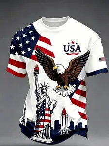 American Patriotic Eagle Liberty Goddess Print Short Sleeve T-Shirt, Casual Slim-Fitting Geometric Pattern Top, Unlined Without Button or Zipper