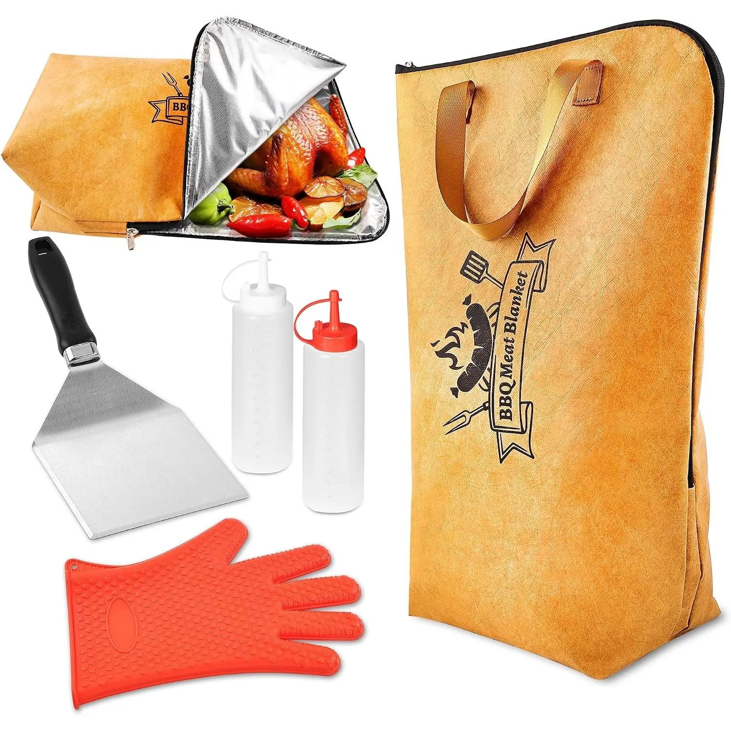 5-in-1 Grill Accessories Set with Insulated Meat Resting Blanket & Heavy Duty Spatula – BBQ Tools Kit, 5-Layer Heat Retention, Leak-Proof for Brisket Turkey Pork Shoulder Outdoor BarbecueGift