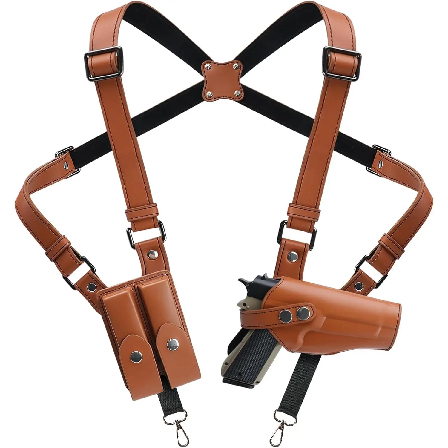 Adjustable PU Leather Horizontal Shoulder Holster with Double Magazine Pouch - Solid Color, Concealed Carry, Outdoor Sports - USA-Made Urban Minimalist Home Storage Organizer Bag