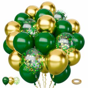 65Pcs Green Gold Balloons Set, Dark Green & Metallic Gold Balloons, Confetti Latex Balloons for Birthday, Graduation, St. Patrick's Day, Jungle Party Decorations
