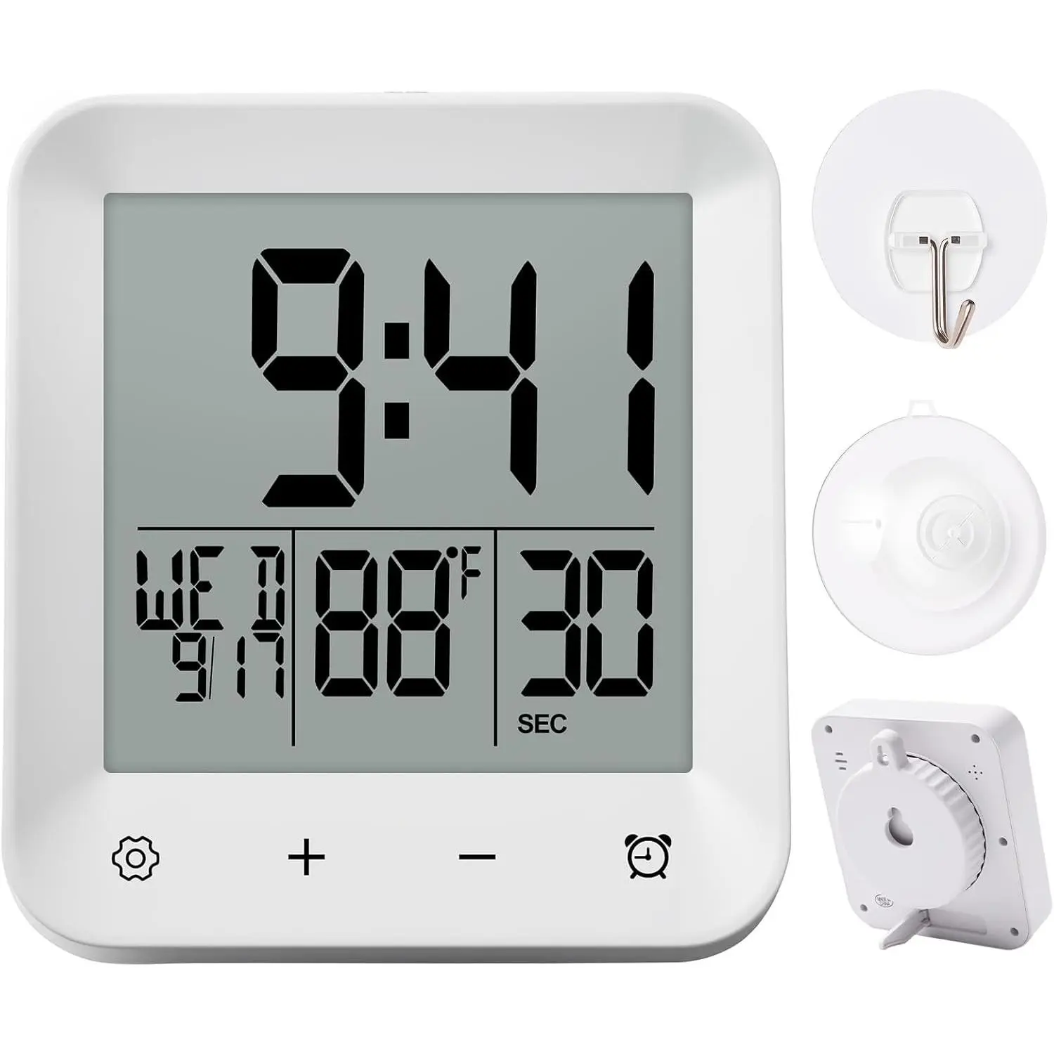 Waterproof Shower Clock with Timer, LCD Digital Bathroom Wall Clock Displays Temperature, Date & Day, Battery Operated Digital Clock for Bath Kitchen, White
