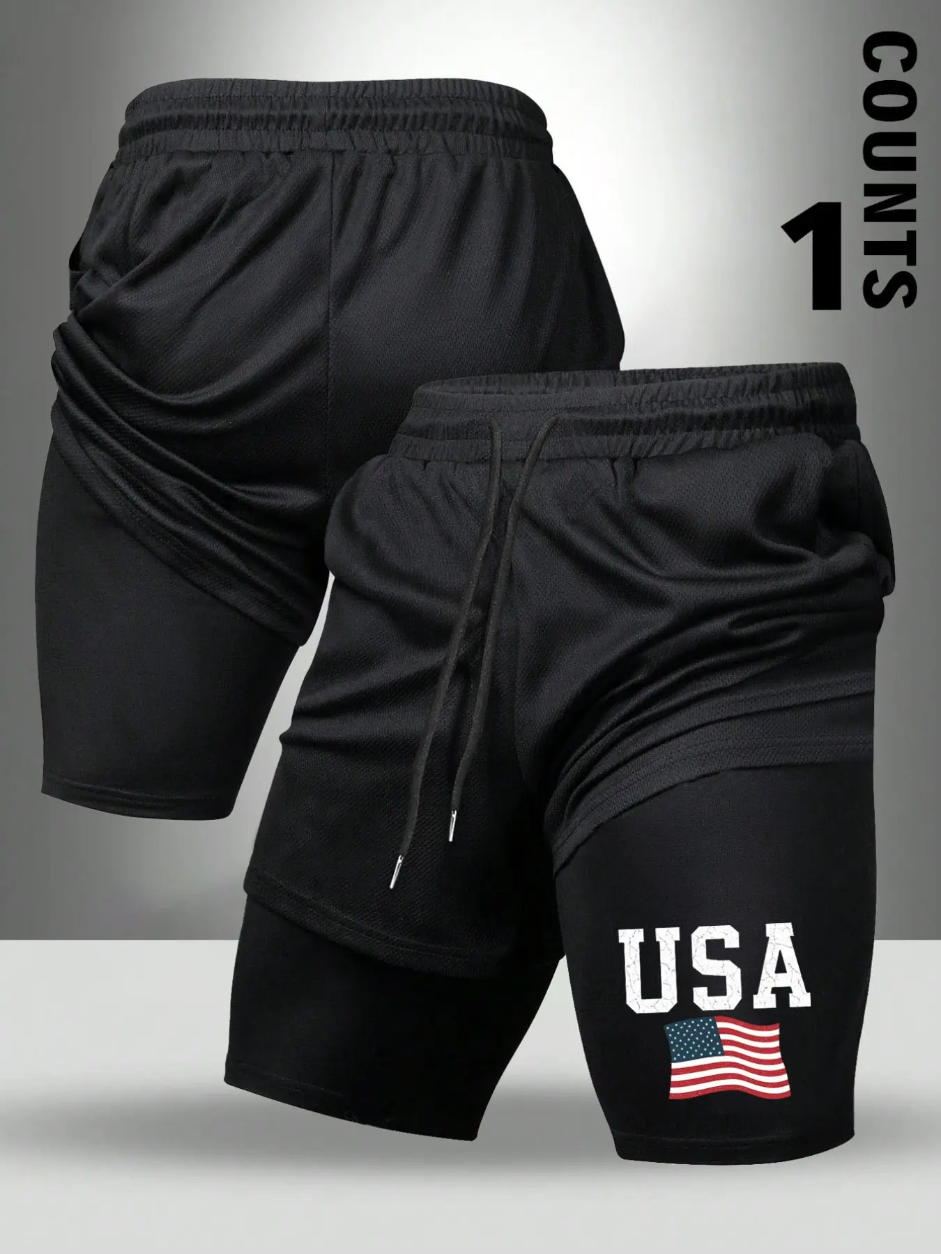 Men 2 In 1 Compression Workout Shorts Vintage Cracked USA American Flag Print Mesh Quick Dry Gym Training Athletic Shorts