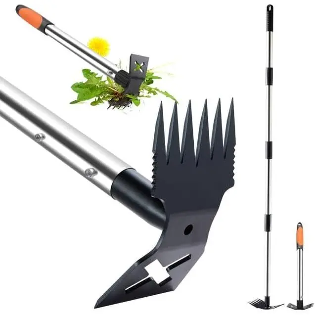 60" Weed Puller Tool with Long Handle and 17" Weeding Tools Gardening Set,  Side Hand Weed Rake and Hoe Garden Weeder, Weed Pulling Remover Tool for Yard, Patio, Lawn and Garden Planting (Black)