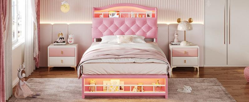 Sikaic Twin Size Princess Velvet Upholstered LED Bed Frame Pink Headboard & Storage Charging Station with RGB Lighting & 2 Outlets for Kids