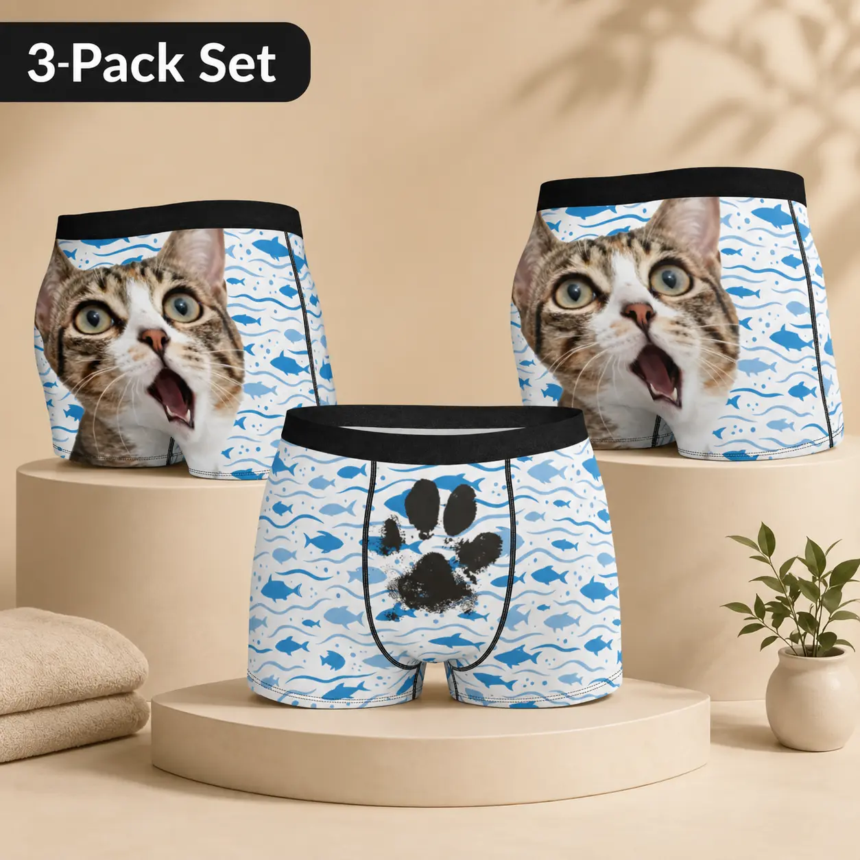 3-Pack Cat Fish Print Men’s Boxer Briefs, Funny Pet Graphic Underwear, Soft Stretch Polyester, S–2XL