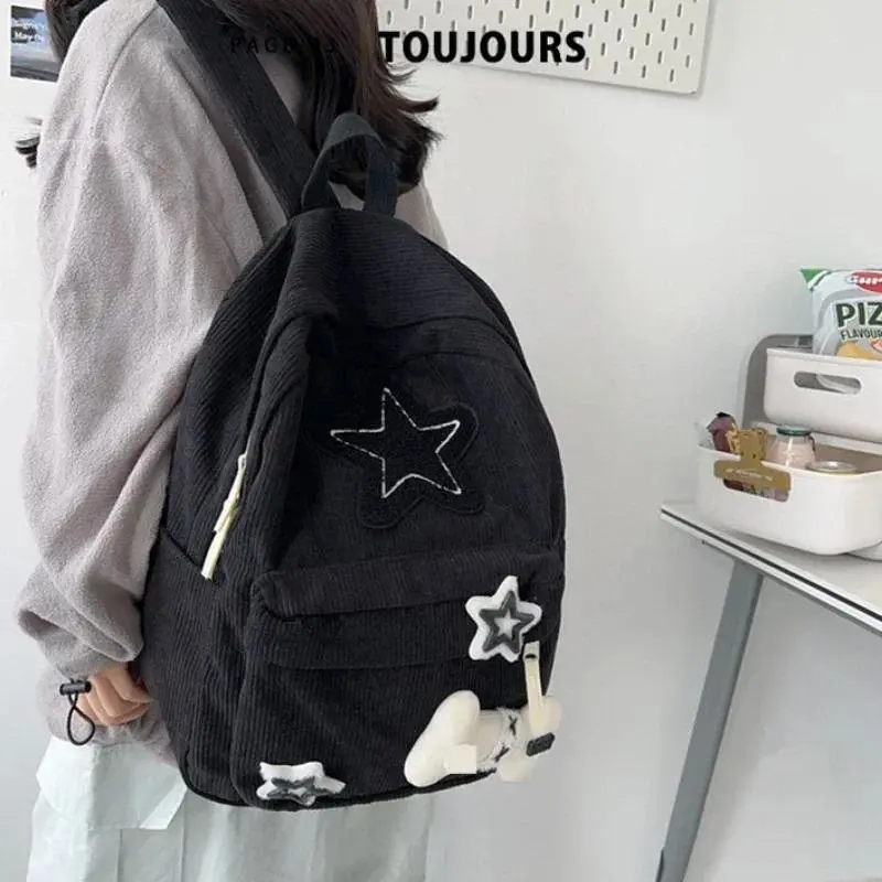 Y2K Girls Star Pattern Laptop Backpack Teen Student Large Capacity School Bookbag Corduroy Rucksack Double Strap Shoulder Bag