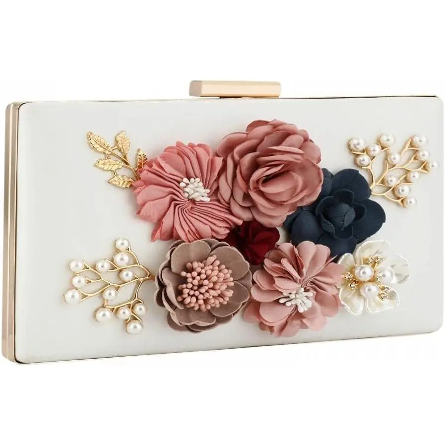 PU Leather Purses and Handbags for Women Floral Beaded Clutch Purse for Wedding Clear Crossbody Bag