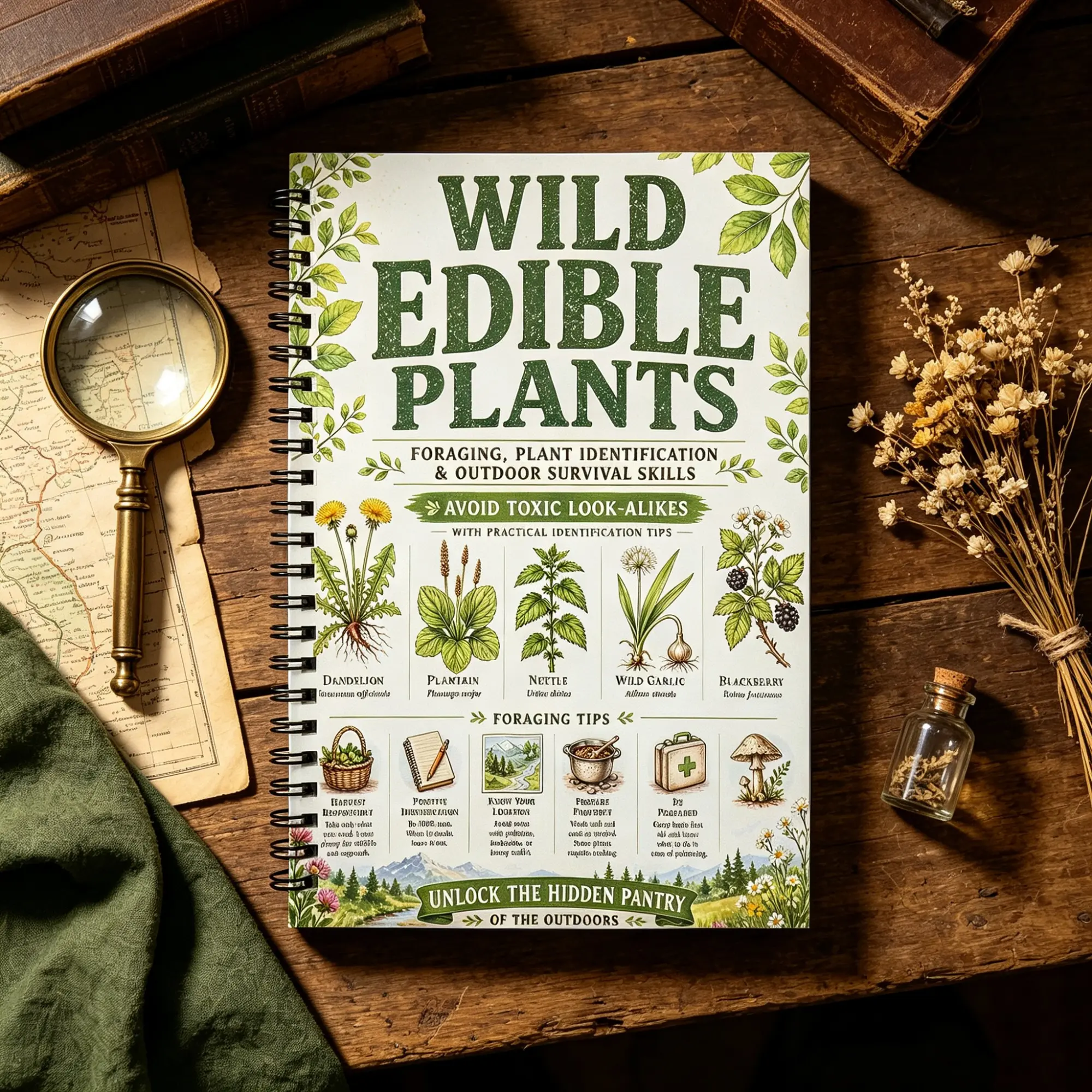 Wild Edible Plants Book, Foraging & Plant Identification Guide, Outdoor Survival Skills Handbook, Avoid Toxic Look‑Alikes, Practical Foraging Tips for Beginners, Nature Wilderness Reference Spiral Notebook