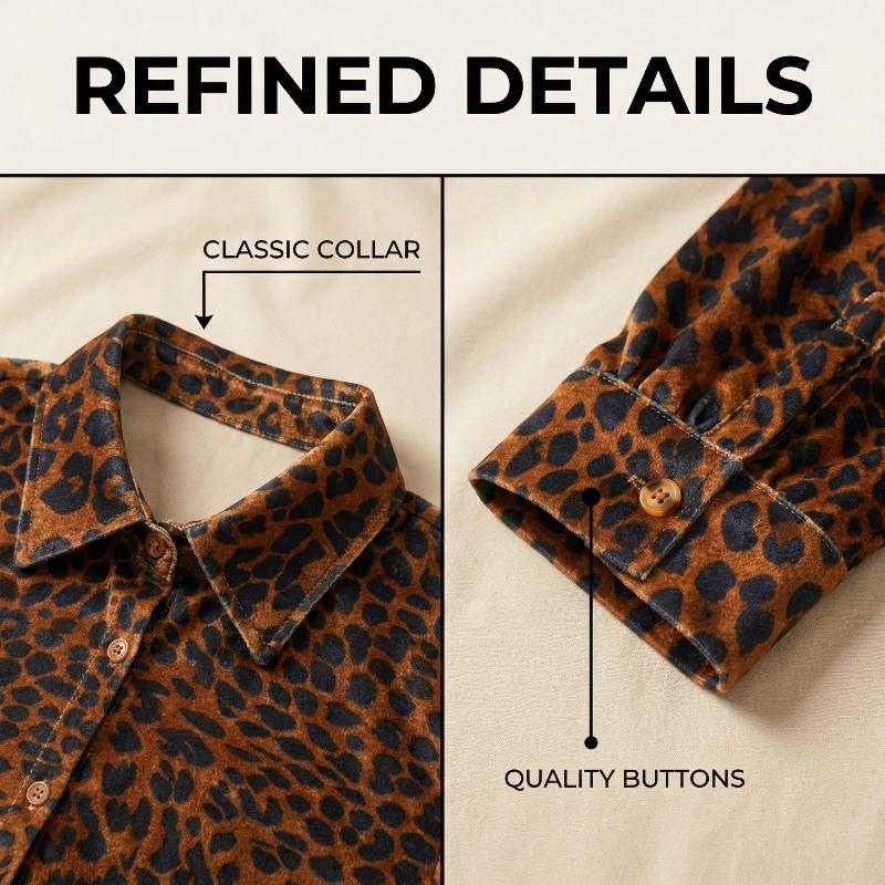 Leopard Print Collared Three Quater Sleeve Velvet Top Womenswear Fashion Blouses Shirts Elegance Soft Cute Fall Outfits
