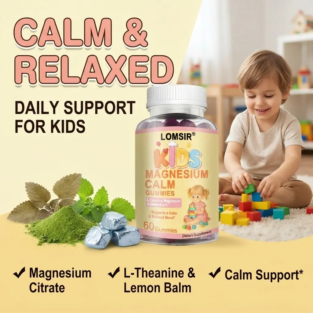 Kids Calm Gummies - Support Relaxed & Mood, Magnesium, L-Theanine, Lemon Balm Extract, Chewable Supplement, Grape Flavored - 60 Gummies