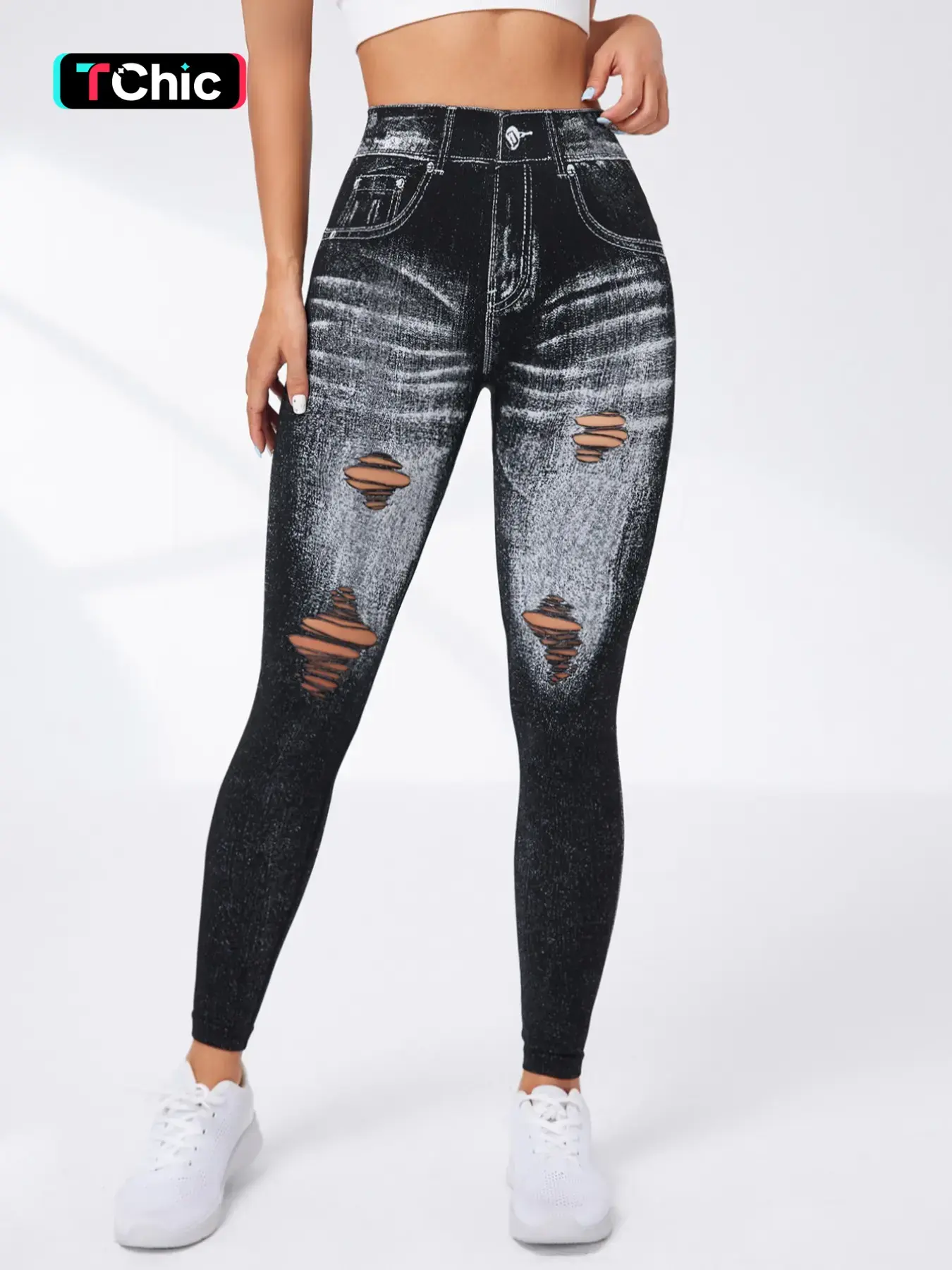 Women's Denim-Effect Print High Waist Activewear Sports Stretchy Leggings, High Waisted Sportswear Tight Leggings Casual Comfy Cut Out Skinny Pants for Yoga Gym Workout Running, Ladies Sportswear Bottoms for All Seasons