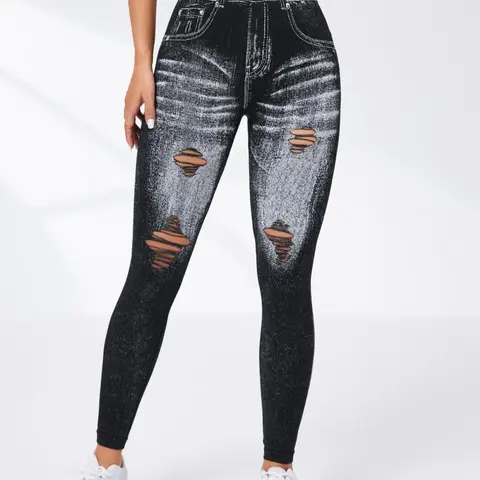 Women's Denim-Effect Print High Waist Activewear Sports Stretchy Leggings, High Waisted Sportswear Tight Leggings Casual Comfy Cut Out Skinny Pants for Yoga Gym Workout Running, Ladies Sportswear Bottoms for All Seasons