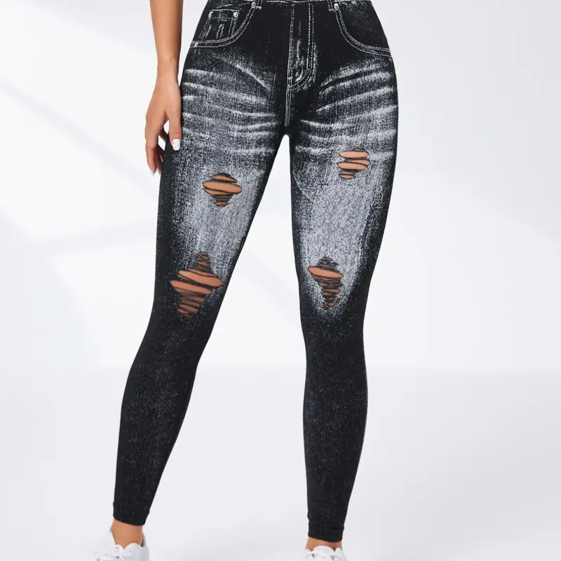 Women's Denim-Effect Print High Waist Activewear Sports Stretchy Leggings, High Waisted Sportswear Tight Leggings Casual Comfy Cut Out Skinny Pants for Yoga Gym Workout Running, Ladies Sportswear Bottoms for All Seasons