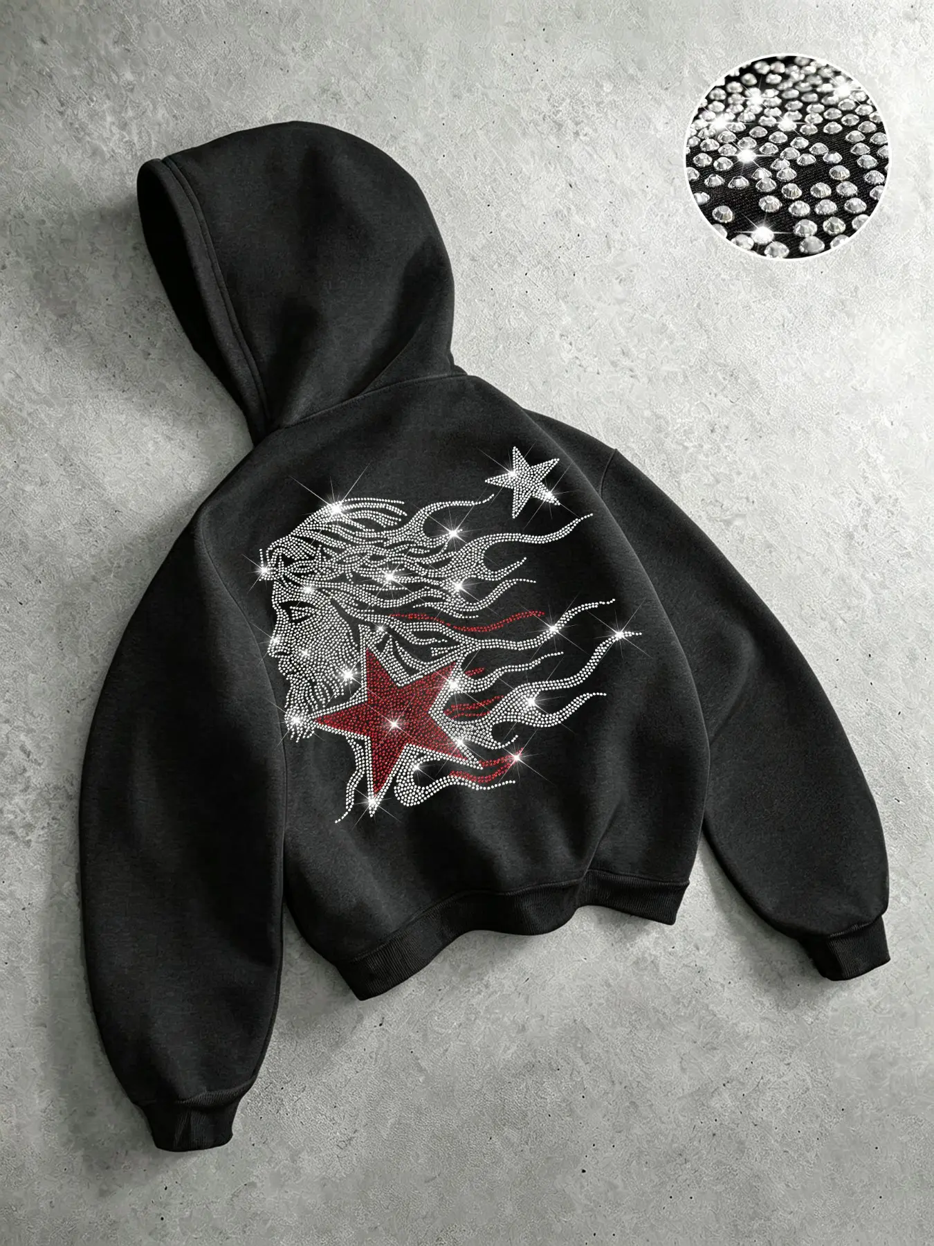 American Rhinestone Hoodie, Back Portrait Flame Star Print, Washed Terry Fabric, Loose Fit, Men's Street Style, Fall Winter Warm Pullover