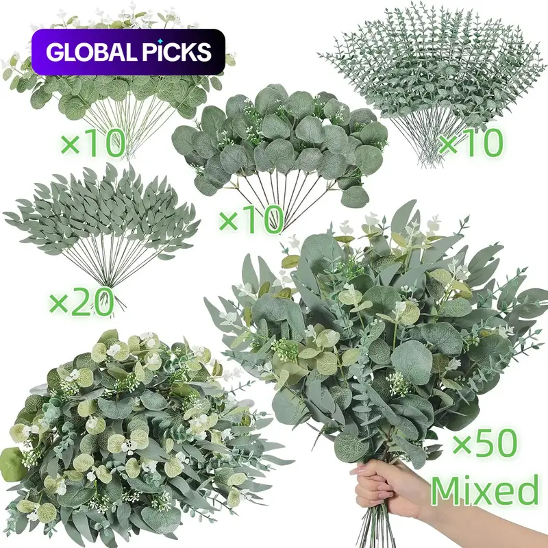 Artificial Eucalyptus Leaves, Fake Plastic Leaves, Faux Eucalyptus Set, Decorative Plants for DIY Wedding Bouquets & Home Decor, Evergreen Faux Plants, Artificial Faux Greenery #GLOBAL PICKS
