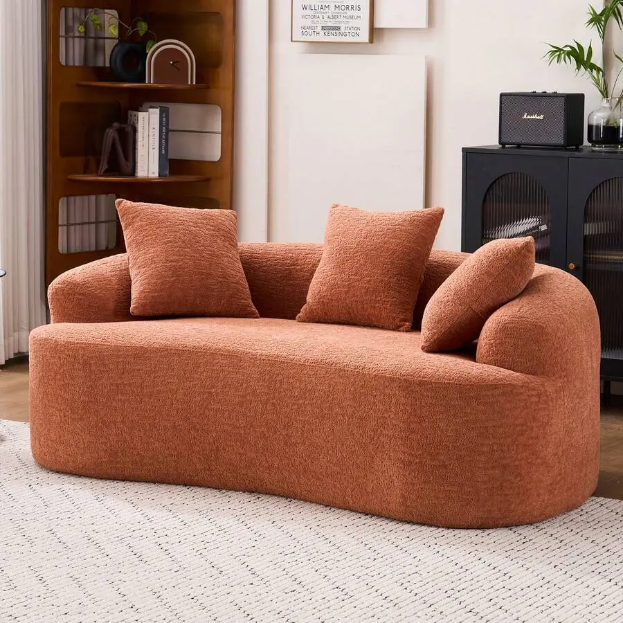 65'' Modern Curved Loveseat Sofa Couch, Luxury Plush Chenille Upholstered Cloud Couch With Extra Deep Seat And Curved Armless Floor Design, Compression Boneless Sofa With 3 Throw Pillows Living Room, Home Decor, Small Space, No Assembly Needed