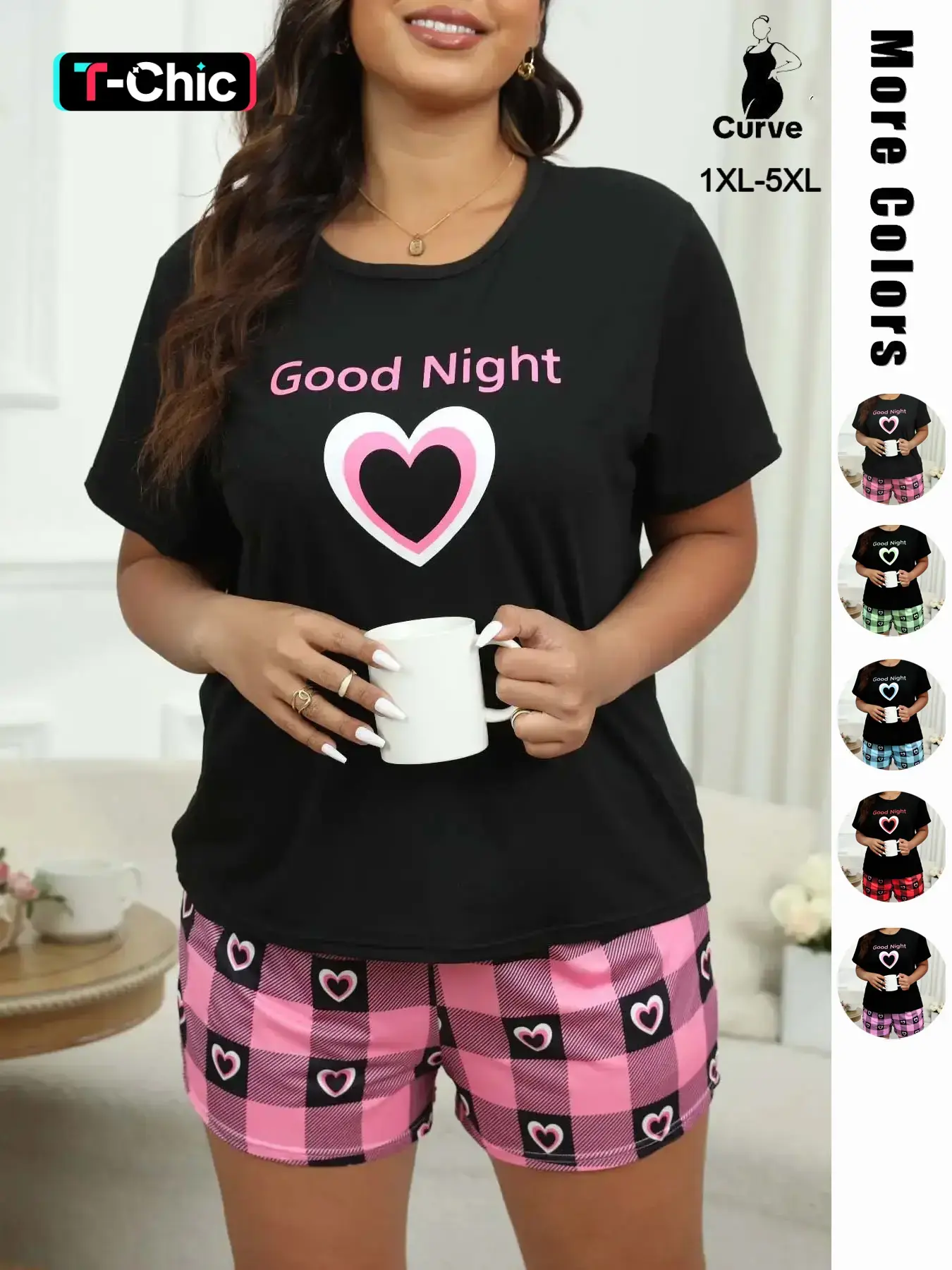 Plus Size Heart & Plaid Print Pajama Set, Casual Round Neck Short Sleeve T-shirt & Shorts Pj Set, Summer Sleepwear & Loungewear, Summer Outfits 2024, Women's Nightwear, Sleep Sets